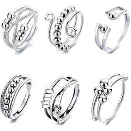 KEWUF 6 Pcs anxiety ring, anti stress ring, Angst Spinning Ringe für Damen, 925 Silber Damenringe, Offener Ringe Fidget Spinner Ringe, Zirkonia Zappelringe, Verstellbare Stapelbare für Stress Abbauen
