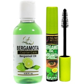 BERGAMOTA Oil Cuidado del Cabello Aceite de bergamota ideal para cabello, barba y bigote, 4.05oz + BERGAMOT OIL BLACK Máscara de pestañas a prueba de agua, fortalecedora 13g (4% silicio