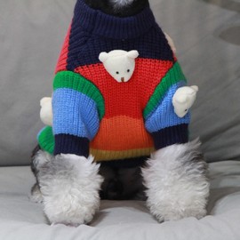 LUVMOJO Cozy Rainbow Dog Sweater with Cute Plush Polar Bear Decorations – Warm Winter Knitwear for Small and Medium Dogs – Stylish and Colorful Pet Clothing for Cold Weather (Striped, X-Large)