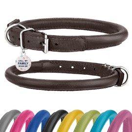 Rolled Leather Dog Collar Soft Round Collars, ID Tag for Small Medium Large Dogs (14-17 inch, Brown & Silver Buckle)