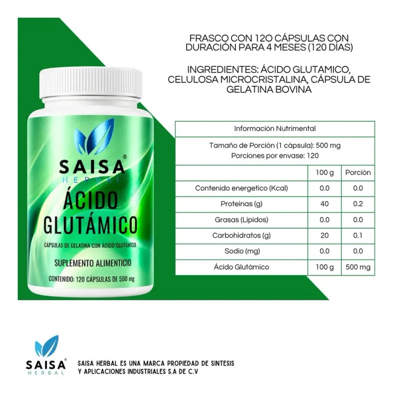 Ácido Glutámico 100% Puro | 120 Cápsulas | Saisa Herbal