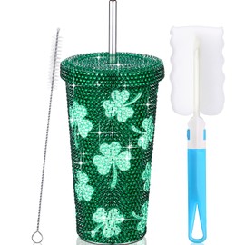 Domensi 17 oz Bling Diamond Tumbler Shamrock Print Rhinestone Cup Vacuum Insulated Mug for Women Girl Friend St Patricks Day Birthday Teacher Appreciation Gift (Adorable Shamrock)