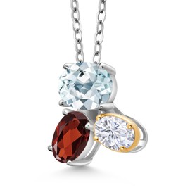925 Silver and 10K Yellow Gold Sky Blue Aquamarine Red Garnet and White Moissanite Pendant Necklace For Women (2.57 Cttw, Oval 8X6MM, 7X5MM and 6X4MM, Gemstone March Birthstone, with 18 Inch Chain)