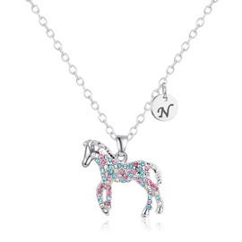 Gmhkonw Horse Necklace Gifts 26 Initial Necklace Horse Jewelry Colorful CZ Letter Initial Rainbow Horse Necklaces Jewelry Gifts for Women (N)