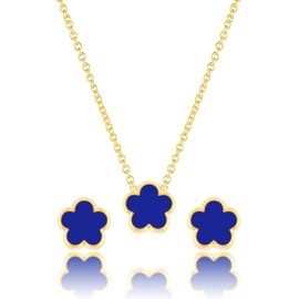 Qinpan Four Leaf Clover Necklace and Stud Earrings Set for Women Lucky Flower 14K Gold Jewelry, Yellow Gold, Chalcedony