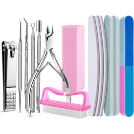 Kit 14pzs Manicure y Limas para Uñas Profesional, Incluir 6 Manicura de Acero Inoxidable, 5 Limas De Uñas, 1 Bloque de Pulido, 1 Cepillo Limpiar, Cuidado de Uñas Doméstico y Profesional(Rosa)