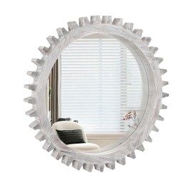 ZJMTOCYU Vintage 26" x 26" Round Decorative Mirror with Gear Shape, White Washed Finish, Bathroom or Living Room