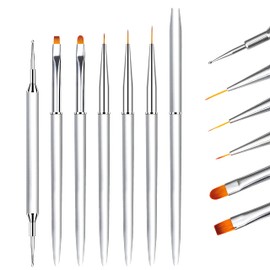 6PCS Nail Art Brushes Set for Gel Nail with Lid and Dotting Tool, LEA-SHALL Liner/Flat/Round/Dot UV Builder Nail Painting Pen Kit Fine Brush DIY Decoration Home Salon Design Aluminum