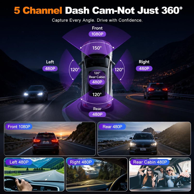 Volxcereo 5 Channel Dash Cam Front and Rear Left Right