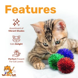 Tuff Kitty Puff Sparkle Ball Cat Toy - (1.5 inch) - Fluffy and Exciting Sparkle for Your Feline Friend - Assorted Colors - 6 Pack