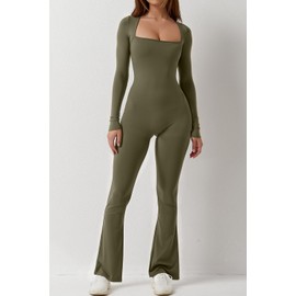 QINSEN Women's Long Sleeve Wide Led Jumpsuit Seamless Long Pants Bodysuit Romper Olive Green XL