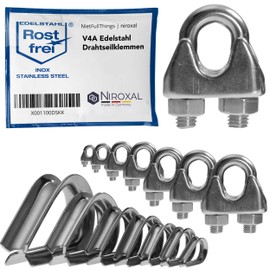Pack of 2 rust-proof wire rope clamps, 10 mm, stainless steel, A4 ironing rope clamp, suitable for diameter 10 mm wire, in a set with matching thimble, steel rope, galvanised