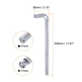 sourcing map Ball End Hex Key Wrench 17mm L-Shape Extra Long Arm Hexagon Metric Wrenches Chrome Vanadium Steel Repairing Tool for Home Repair, Silver Tone