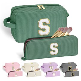 YOOLIFE Girls Makeup Bag - Teen Girl Gifts Deep Green Letter Make Up Bag Cosmetic Bag Mini Makeup Brush Bag Mother Teacher Gifts for Women Her Best Friend Birthday Gifts for Women Sister Initial S
