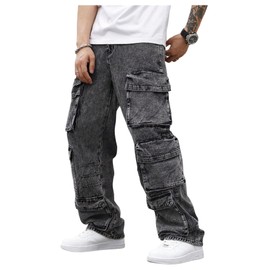 SOLY HUX Men's Cargo Jeans Y2k Grunge Hip Hop Wide Leg Baggy Denim Pants Streetwear with Pockets Plain Grey Medium