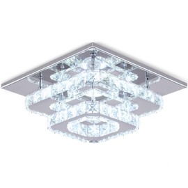 Crystal LED Ceiling Light, Stainless Steel K9 Modern Flush Mount Lights Fixture, Square Chandelier Ceiling Lamp for Dining Living Room Bedroom (Cool White)
