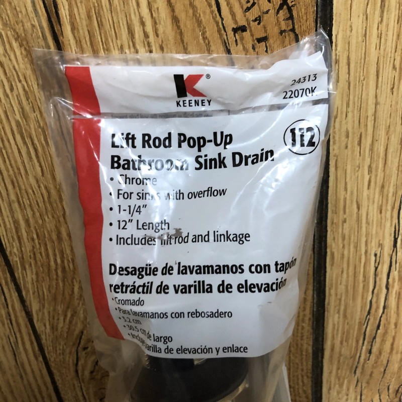 Kenney Keeney Lift Rod Pop-Up Bathroom Sink Drain Chrome Plastic