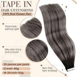 Hetto Remy Real Hair Tape-In Extensions, Balayage, Black with Grey, Black No. 1B/Silver/1B 50 g, 60 cm