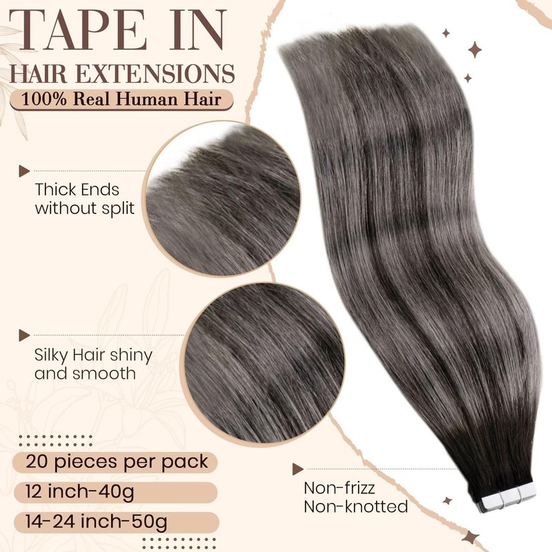 Hetto Remy Real Hair Tape-In Extensions, Balayage, Black with Grey,