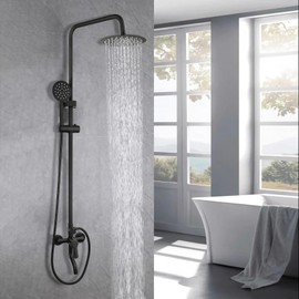 OUBONI Exposed Shower System 8 Inch Rainfall Shower Head Matte Black Outdoor Shower Fixture 3 Function Stainless Steel Wall Mount Shower Faucet Set with Handheld Sprayer and Tub Spout