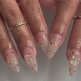 Foccna Clear Press on Nails Medium, Nude Fake Nails Almond Acrylic False Nails,Artificial Glue on Nails for Women and Girls,24 pcs 