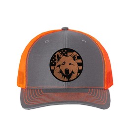 Samoyed Dog Patriotic Design Laser Engraved Leather Patch Richardson 112 Snapback Trucker Cap Charcoal/neon Orange