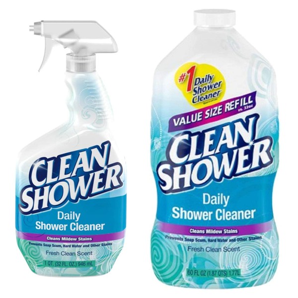 Clean Shower, Daily Shower Cleaner - No Scrub Bundle Pack [32oz. Spray Bottle & 60oz. Refill Bottle]