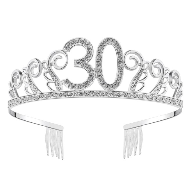 BABEYOND Crystal Rhinestone Tiara Princess Crown Birthday Crowns Silver Diamante Happy 18/20/21/30/40/50/60th Birthday (Silver-30th)