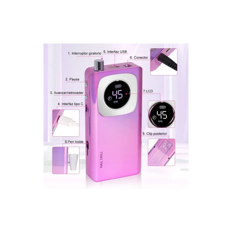 Taladro De Uñas Eléctrico Profesional De 45000 Rpm Recargabl