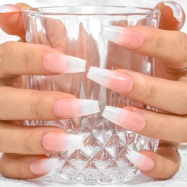 Sethexy Handmade Pink Gradient False Nails Acrylic Shiny Simple False Nails Long Coffin Nails for Women and Girls 20 Pieces (Y)