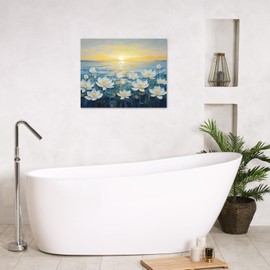 LB Coastal Sunset Wall Art White Zen Flower Blue Ocean Canvas Wall Art Nature Landscape Wood Framed Prints Wall Decor for Bathroom Living Room Bedroom Kitchen Office,16Wx12L inch