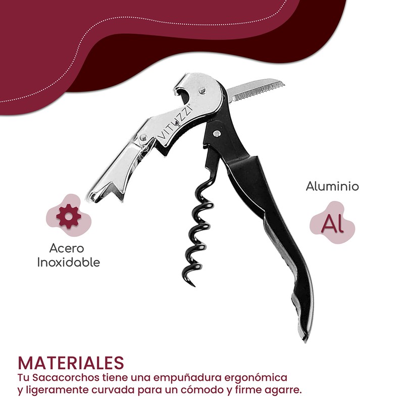 Vituzzi Sacacorchos para Vino de Acero Inoxidable con Corta Cápsulas.