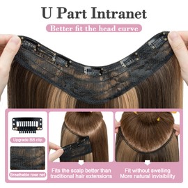 S-noilite One Piece Clip in Hair Extensions Balayage 18 Inch U-Shaped One Piece Weft Hair Extensions with 5 Clips Synthetic 3/4 Full Head Long Straight Clip in Hairpieces for Women,#8LP24L