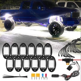 12Pods Pure White LED Rock Lights Kit with Switch Wiring Harness Extension Wire, 6500K 15LEDs Neon Underglow Light Waterproof Fender Lights for Trucks Jeep Off Road ATV UTV SUV