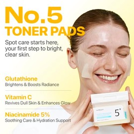 numbuzin No.5 Vitamin-Niacinamide Concentrated Pad, Daily Double-Sided Facial Pads with Glutathione, PHA & LHA for a Fresh, Radiant-Looking Skin Finish 180 ml (70 Pads)