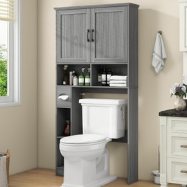Over The Toilet Storage Cabinet, Farmhouse Storage Cabinet Over Toilet with Barn Door& Toilet Paper Holder Stand，Home Space-Saving Toilet Rack, for Bathroom, Restroom, Laundry（Wash Grey）.
