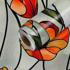 HOMETITUTE Stained Glass Wallpaper Peel and Stick Orange Floral Contact Paper Wall Paper Stick 17.7" x 118.1" Self Adhesive Vinyl Wall Covering for Living Room Entryway Decor