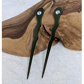 JWL Hawnkoa Products (2) Anodized Aluminum Matte Finished Spiral 6" Hair Sticks with Clear Rhinestones Unbreakable Waterproof Pick Pic Pin Fork (Dark Green)