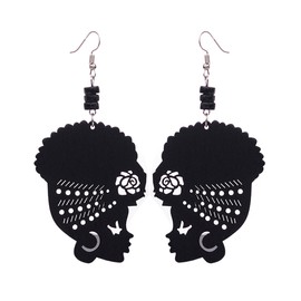 Wooden Flower Turban African Woman Head and Bead Dangle Hook Earrings - Black, Black Bead