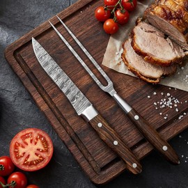 Hercules Knives Premium Handcrafted Fork and Steak Knife Set Damascus Steel Carving Set Walnut Handles Elegant Dining Knives Set