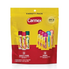 Carmex Daily Care and Daily Care Minis Paquete de Bálsamo Labial Hidratante, SPF 15, Bolsa de Paquete Variado de Cuidado Labial Multi-Sabor, 8 Unidades (3 Barras, 5 Mini Tubos)