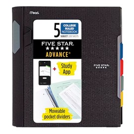 Five Star Advance - Cuaderno de espiral  aplicacin de estudio, 5 materias, papel rayado universitario, 8-12 x 11 pulgadas, 200 hojas, protector en... 