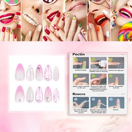 Rchovsam Pink Press on Nails Medium Almond Nails Press Ons Ombre Shell Pattern Design Fake Nails Pink Full Cover Glossy Acrylic False Nails Gift for Women 24pcs