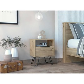 FM FURNITURE Vienna Contemporary Bedroom Nightstand with Cabinet and Hairpin Legs, Light Oak