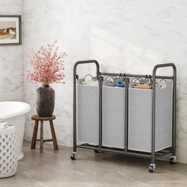 Whitmor 3-Bag Laundry Sorter, Laundry Hamper Cart with Heavy Duty Rolling Lockable Wheels and Removable Bags, Laundry Organizer Basket Clothes Separator Hamper, Grey, Large, KJ3009