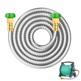 Short Metal Garden Hose 10ft with Female to Female Connector， Stainless Steel Small Leader Hose for Hose Reel, Long, Flexible, Lightweight & Heavy Duty Water Pipe, Outdoor Water Hose Extension Adapter