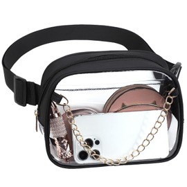 Merleu Clear Fanny Pack with Metal Chain Design, Quailty Clear Bag for Stadium Events, Crossbody Bag Waist Bag，with Wide Adjustable Strap Transparent Waist Bag for Sports Events,Concert bag (Black)