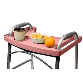 Sigo Pink Walker Tray for Rolling Folding Walker, Tray Table with Cup Holder for Standard Walkers Seniors, Detachable Non Slip TV Accessories Basket Holding Plate Cups Clip On Small Bag Carrier (Pink)