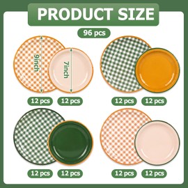 FYSUIMU 96Pcs Camp Gingham Paper Plates Green Orange Disposable Plates 9 Inch Checkered Plate 7 Inch Solid Plate for Bachelorette Party Birthday Baby Shower