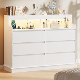White Dresser for Bedroom, 6 Drawer Dresser with LED Lights and Charging Station, Wide Chest of 6 Drawers with Open Space, Modern Large Capacity Storage Cabinet, Living Room, Hallway